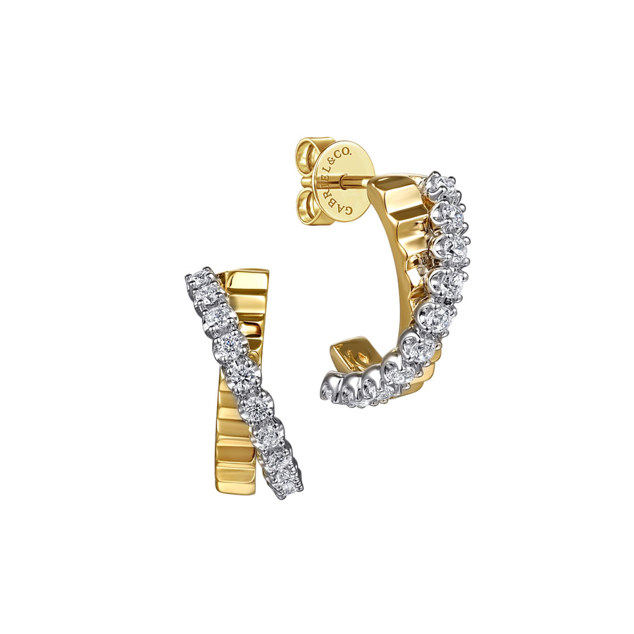 14K WHITE AND YELLOW GOLD DIAMOND J HOOP STUD EARRINGS WITH DIAMOND CUT TEXTURE
