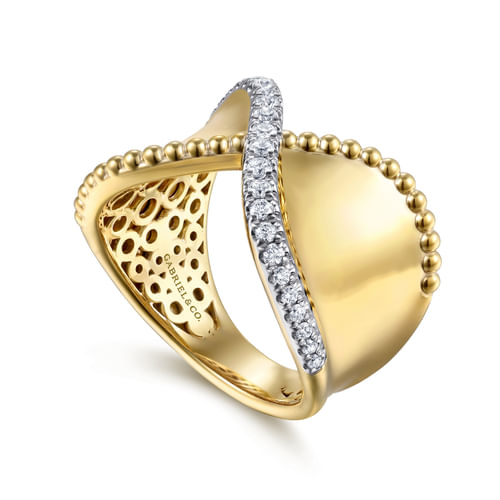 14K YELLOW GOLD BUJUKAN AND DIAMOND WIDE BAND "X" RING