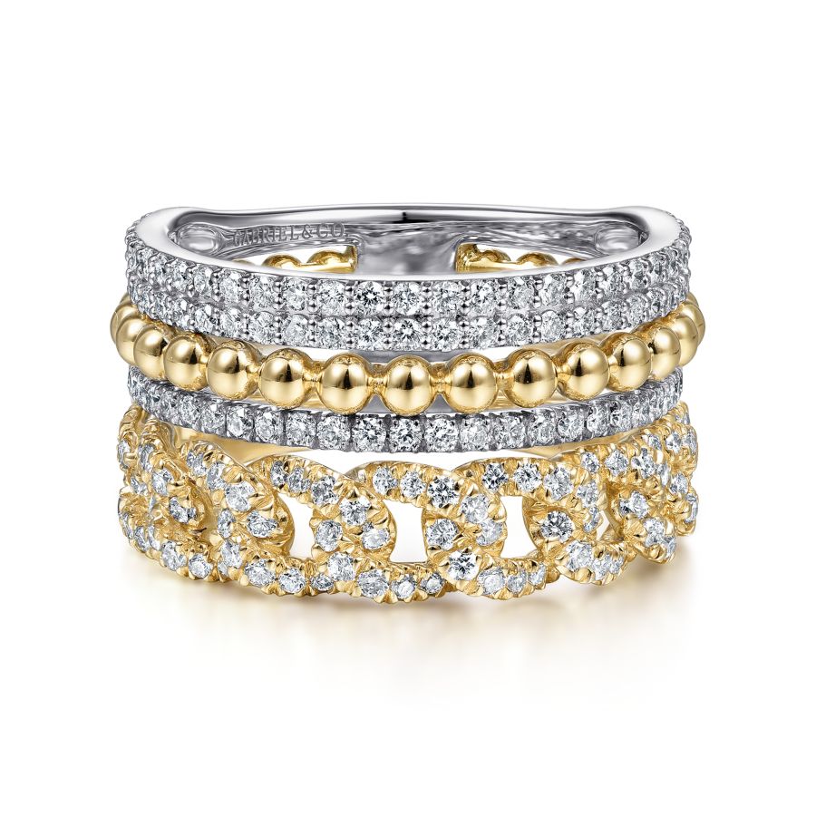 14K White-Yellow Gold Wide Band Layered Diamond Easy-Stackable in size 11.4mm width