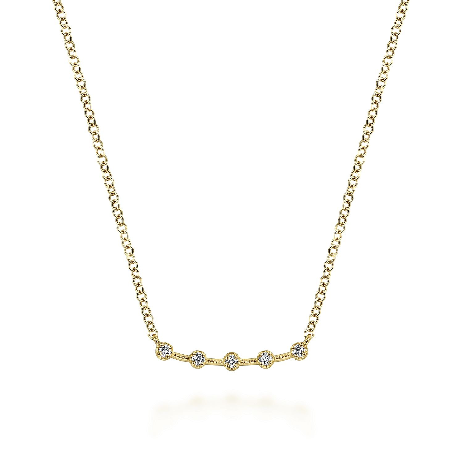14 KARAT YELLOW GOLD DIAMOND STATIONS CURVED BAR NECKLACE