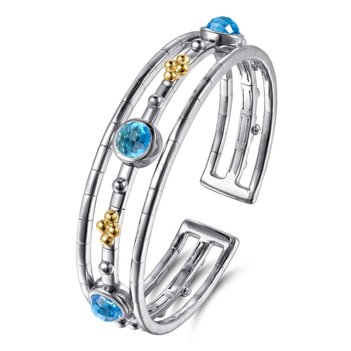 14K YELLOW GOLD AND STERLING SILVER BUJUKAN ROUND BLUE TOPAZ CUFF BANGLE BRACELET