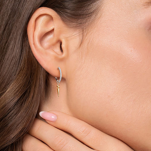 14K WHITE AND YELLOW GOLD BUJUKAN BULLET AND DIAMOND HUGGIE DROP EARRINGS