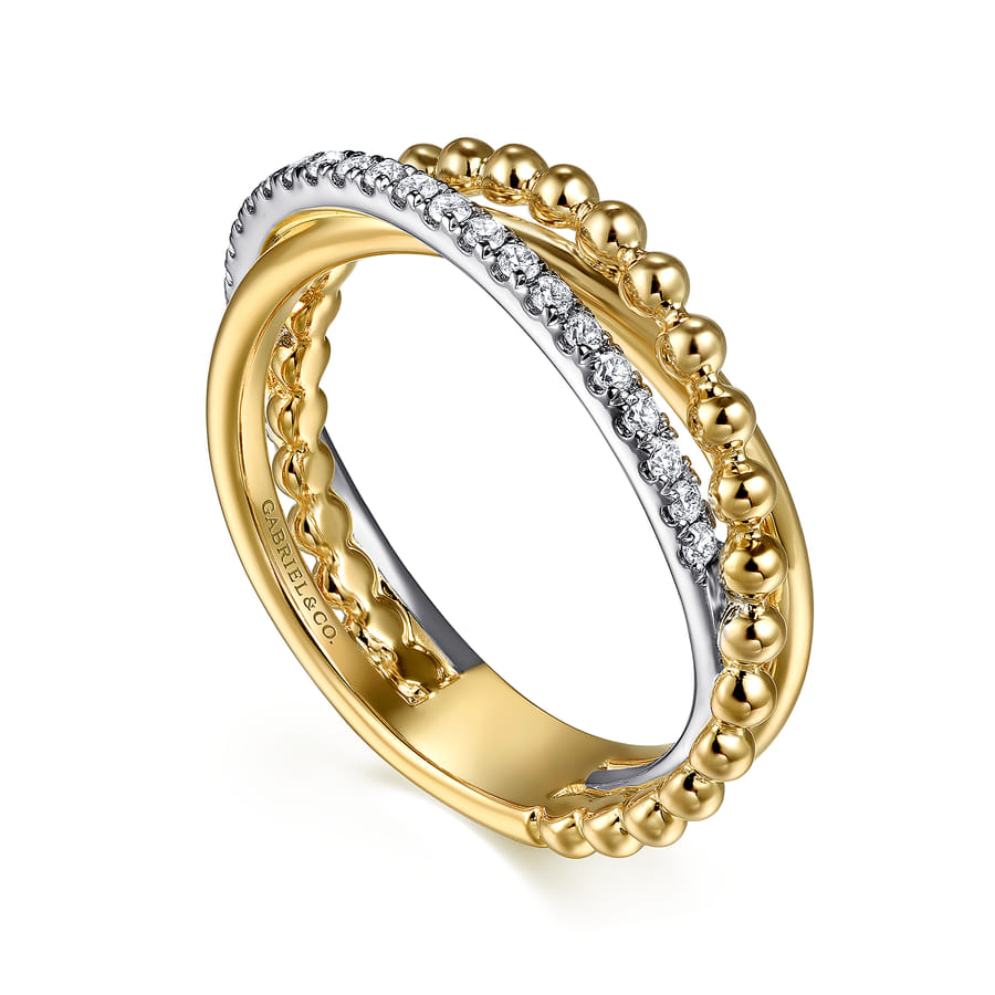 14 KARAT WHITE & YELLOW GOLD BUJUKAN DIAMOND CRISS CROSS RING