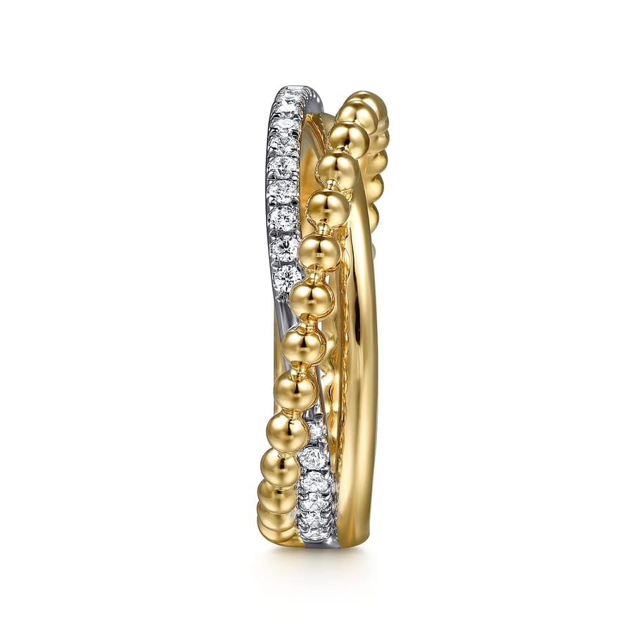 14 KARAT WHITE & YELLOW GOLD BUJUKAN DIAMOND CRISS CROSS RING