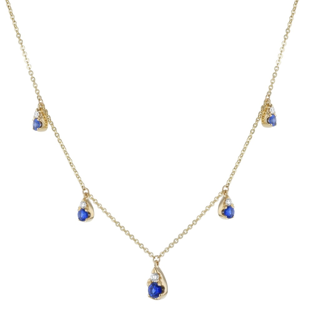 14 KARAT YELLOW GOLD DIAMOND AND BLUE SAPPHIRE STATION NECKLACE