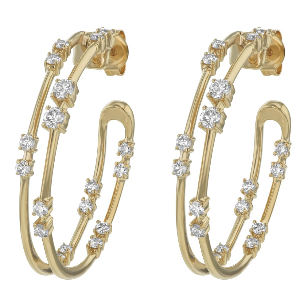 14 KARAT YELLOW GOLD DIAMOND TWO ROW HOOP EARRINGS
