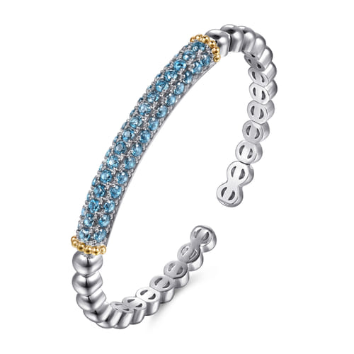 14 KARAT YELLOW GOLD AND STERLING SILVER LONDON BLUE TOPAZ BANGLE BRACELET