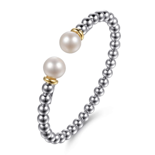 14 KARAT YELLOW GOLD AND STERLING SILVER PEARL AND BUJUKAN BANGLE BRACELET