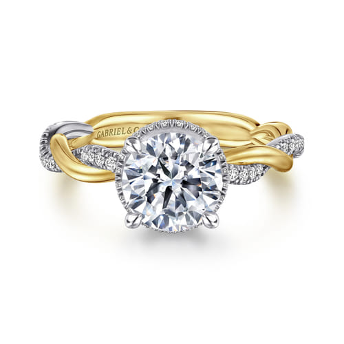 14 KARAT WHITE-YELLOW GOLD TWISTED ROUND HALO DIAMOND ENGAGEMENT RING