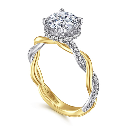 14 KARAT WHITE-YELLOW GOLD TWISTED ROUND HALO DIAMOND ENGAGEMENT RING