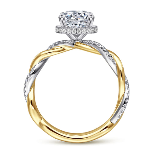 14 KARAT WHITE-YELLOW GOLD TWISTED ROUND HALO DIAMOND ENGAGEMENT RING