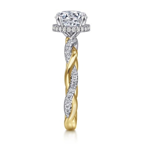 14 KARAT WHITE-YELLOW GOLD TWISTED ROUND HALO DIAMOND ENGAGEMENT RING