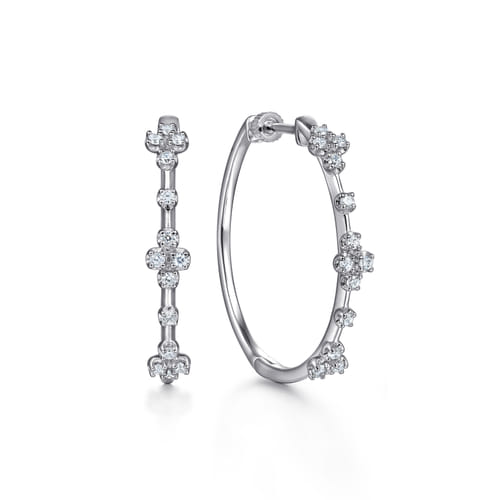 14 KARAT WHITE GOLD PRONG SET 30MM ROUND CLASSIC DIAMOND HOOP EARRINGS