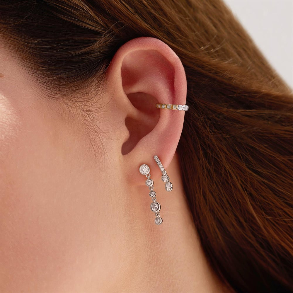 SILVER MOLTEN CASCADE BEZEL-SET DROP STUD EARRINGS