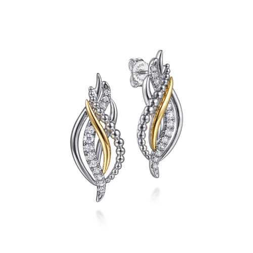 14 KARAT YELLOW GOLD AND STERLING SILVER BUJUKAN MULTI ROWS WHITE SAPPHIRE STUD EARRINGS