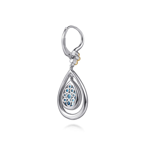 14 KARAT YELLOW GOLD AND STERLING SILVER BUJUKAN PEAR BLUE TOPAZ LEVERBACK DROP EARRINGS