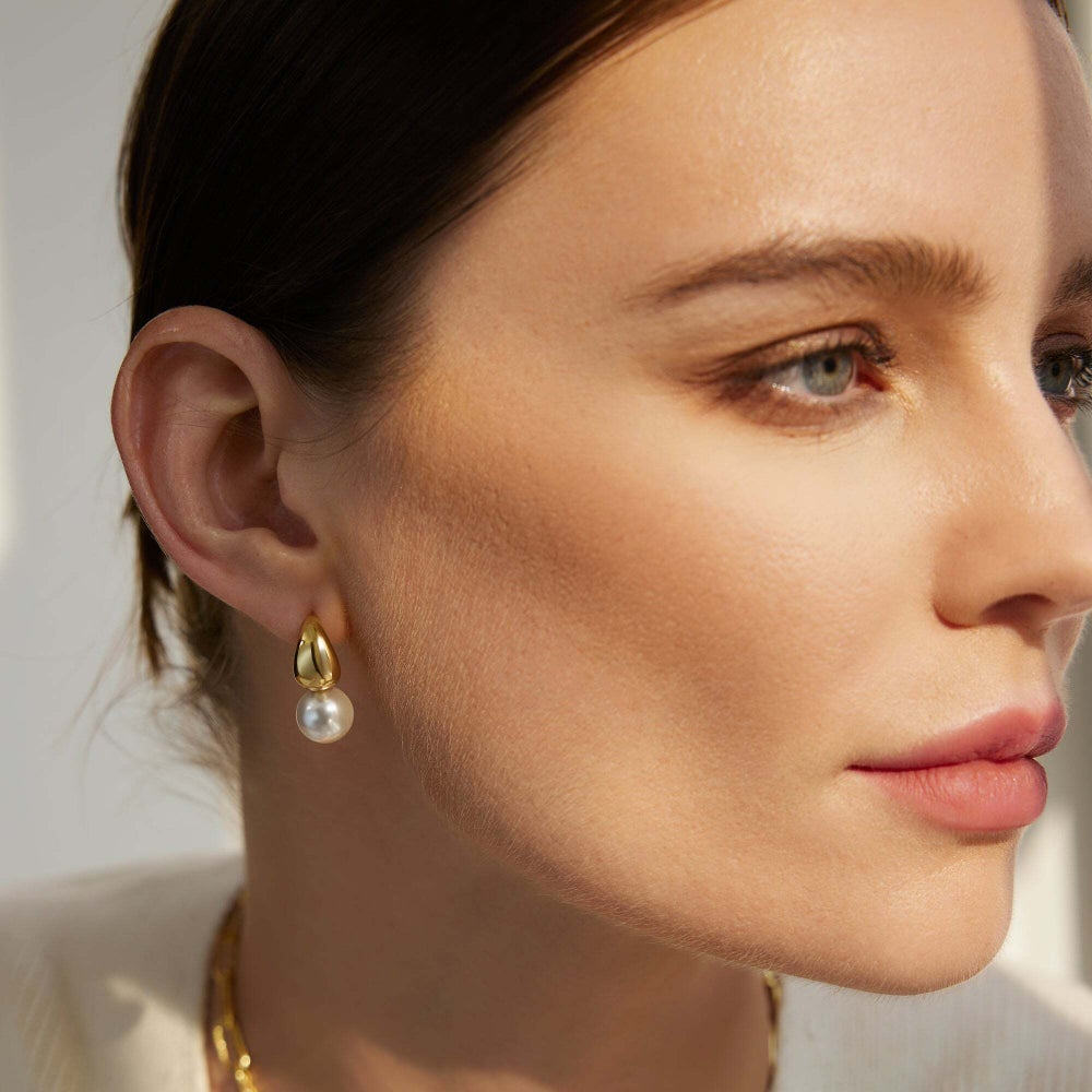 GOLD SHELL PEARL DOME HOOP EARRINGS