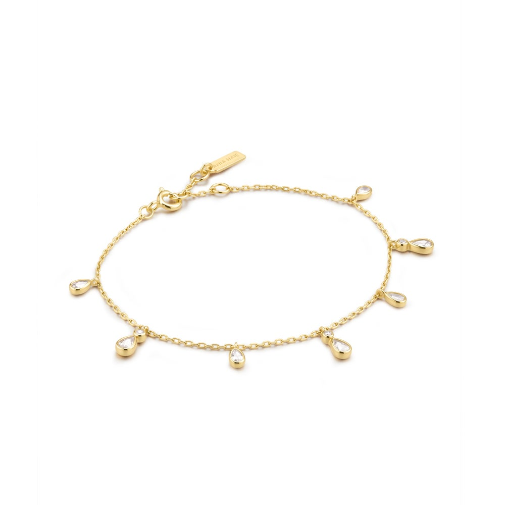 GOLD BEZEL-SET TEARDROP DANGLE STATION BRACELET