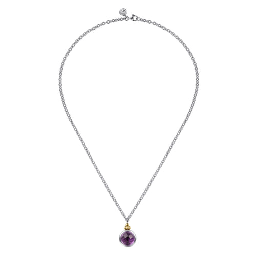 14 KARAT YELLOW GOLD AND STERLING SILVER BUJUKAN ROUND AMETHYST PENDANT NECKLACE