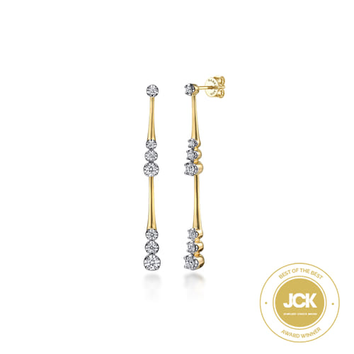14 KARAT YELLOW GOLD LINEAR GRADUATED DIAMOND STATION DROP EARRINGS IN SIZE 45MM