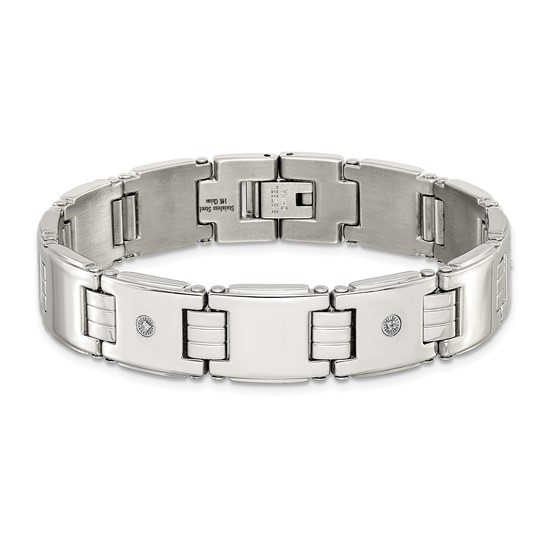 STAINLESS STEEL AND 14 KARAT WHITE GOLD POLISHED WITH .03 DIAMOND 8IN LINK BRACELET