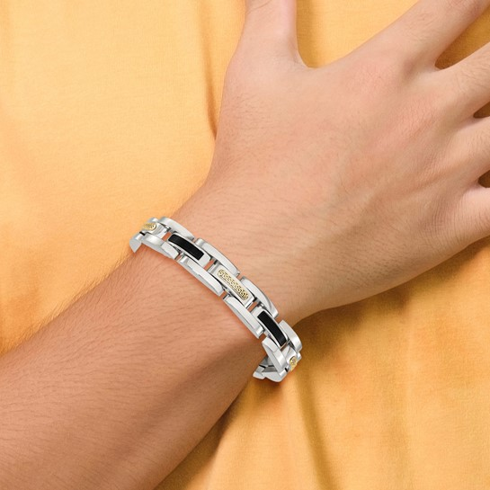 STAINLESS STEEL POLISHED WITH 14 KARAT YELLOW GOLD ACCENT AND BLACK ONYX LINK BRACELET