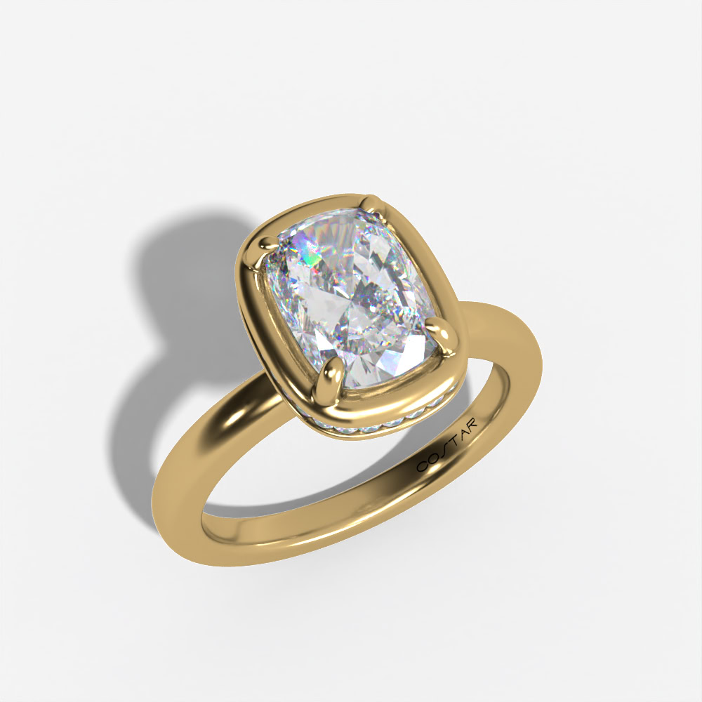 BEZEL-SET HIDDEN HALO SOLITAIRE ELONGATED CUSHION LAB DIAMOND ENGAGEMENT RING