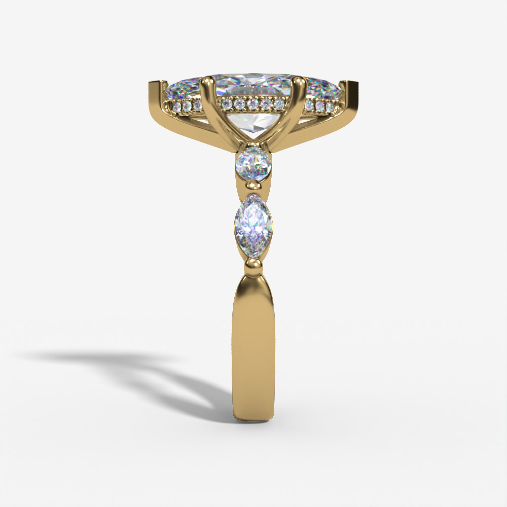 FLOATING HIDDEN HALO MARQUISE LAB DIAMOND ENGAGEMENT RING WITH ROUND DIAMOND SIDE ACCENTS AND DIAMOND SHANK