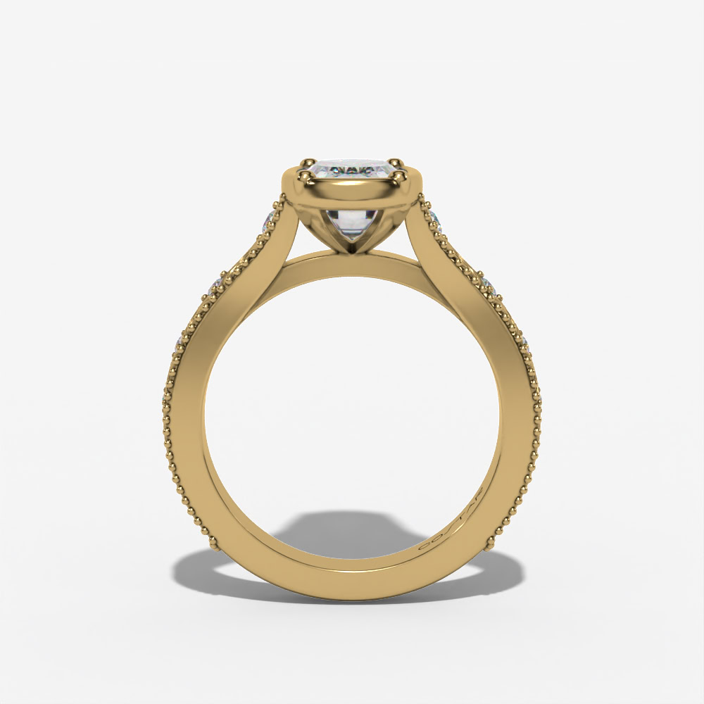 VINTAGE CUSHION-MC LAB DIAMOND ENGAGMENT RING WITH GEOMETRIC DIAMOND ACCENTS AND MILGRAIN SHANK