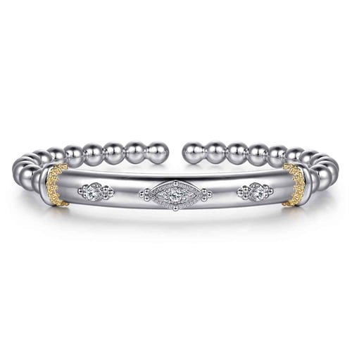 14 KARAT YELLOW GOLD AND STERLING SILVER BUJUKAN WHITE SAPPHIRE SPLIT BANGLE BRACELET