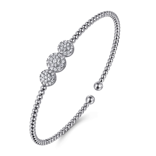 14K WHITE GOLD BUJUKAN BEAD CUFF BRACELET WITH THREE PAVE DIAMOND STATIONS