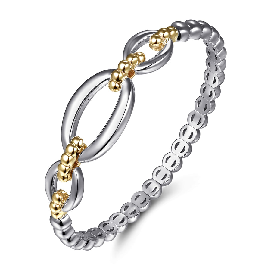 14K YELLOW GOLD AND STERLING SILVER BUJUKAN OPEN BANGLE BRACELET