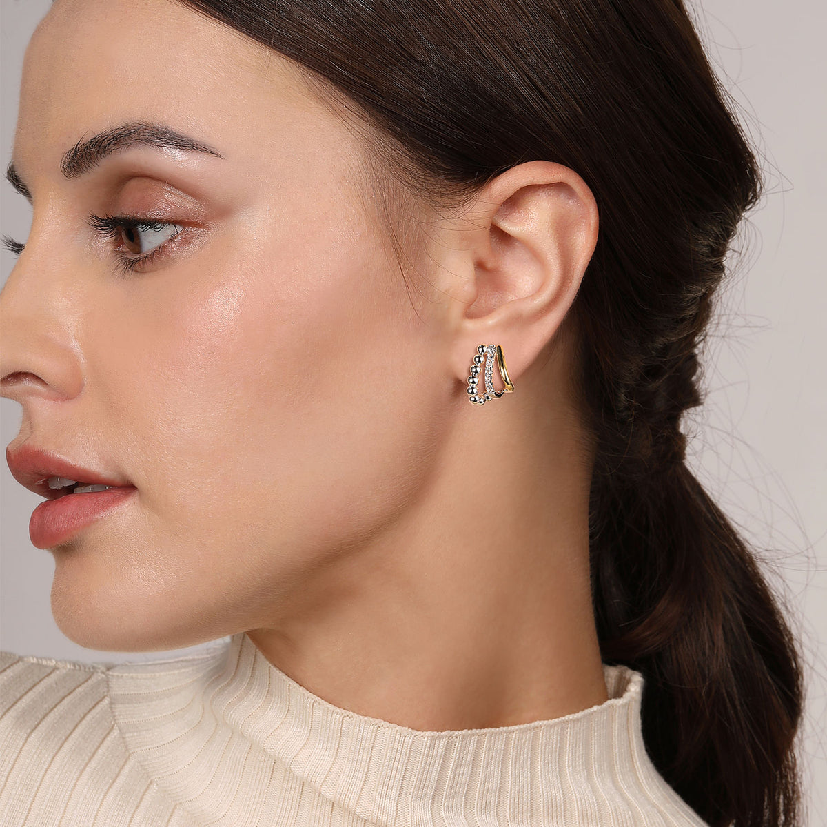 STERLING SILVER AND 14K YELLOW GOLD BUJUKAN AND WHITE SAPPHIRE MULTIPLE ROW J HOOP EARRINGS