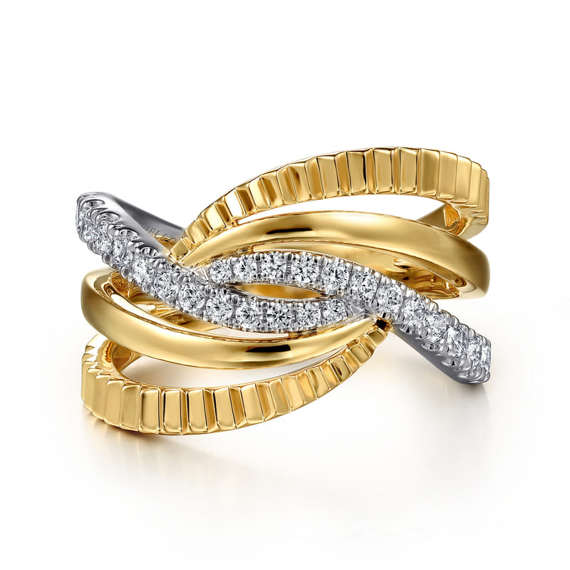 14K White Yellow Gold Graduating Diamond Criss Cross Diamond Cut Ring