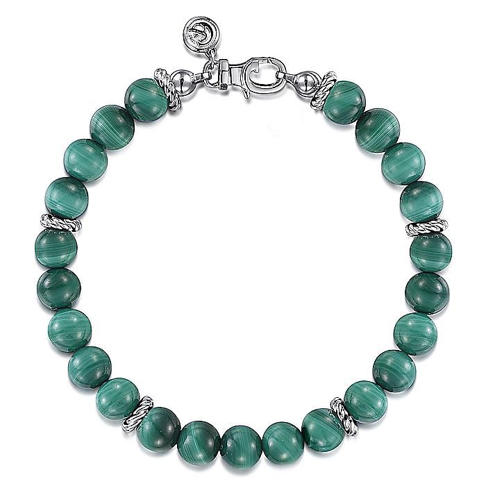 STERLING SILVER 8MM MALACHITE BEADED BRACELET