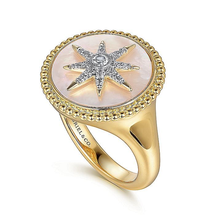 14K YELLOW GOLD MOTHER OF PEARL INLAY AND DIAMOND STARBURST SIGNET RING
