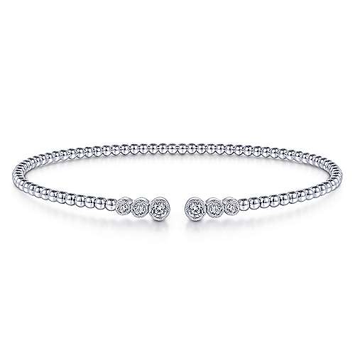 14K White Gold Bujukan Bead Split Cuff Bracelet with Bezel Set Diamonds
