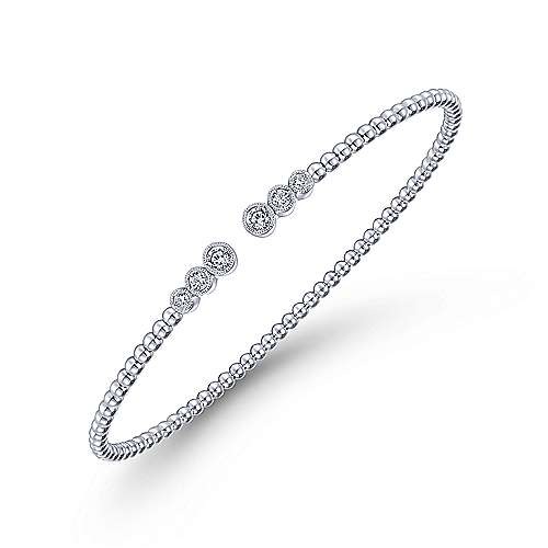 14K White Gold Bujukan Bead Split Cuff Bracelet with Bezel Set Diamonds