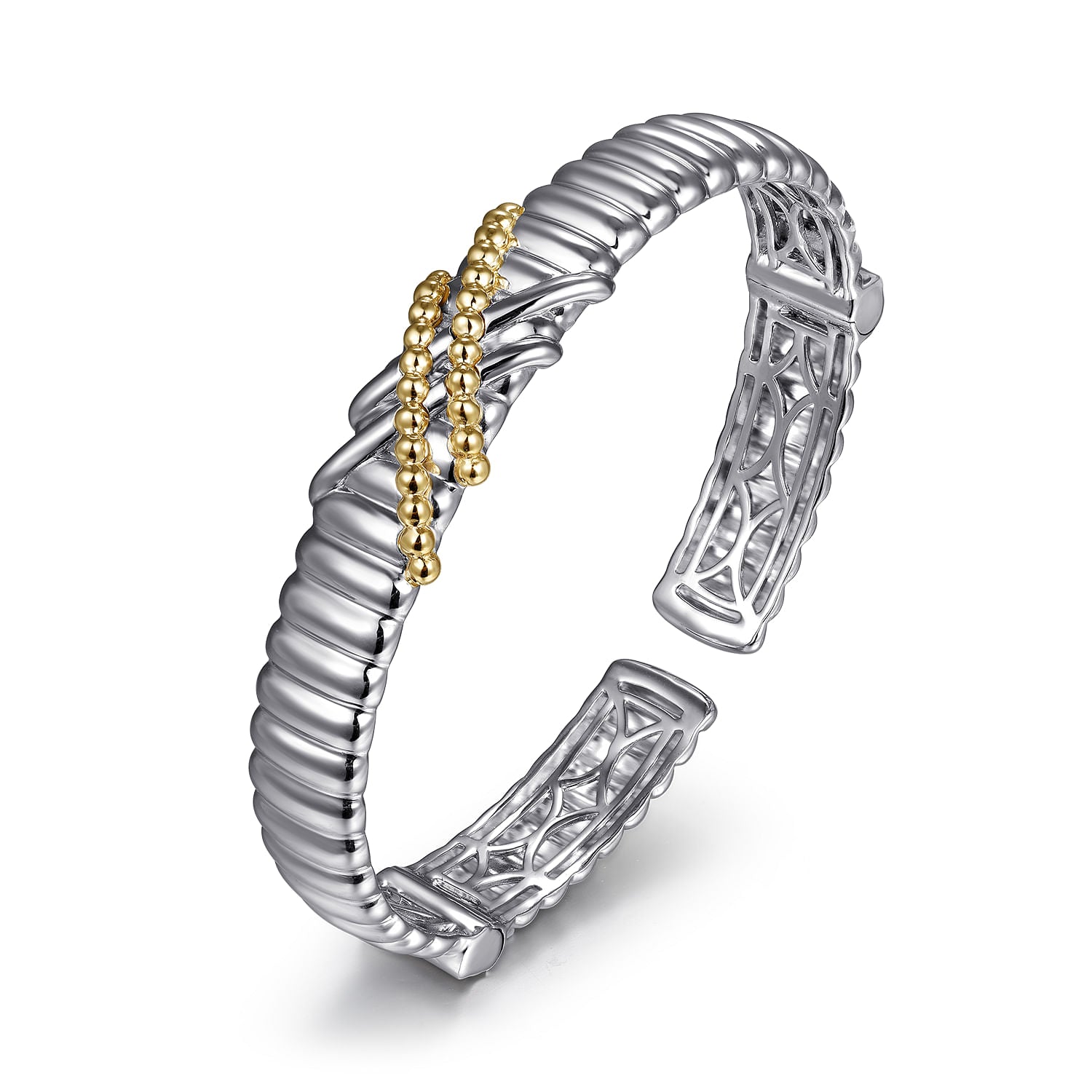 STERLING SILVER AND 14K YELLOW GOLD BUJUKAN SHRIMP CRISS CROSS BANGLE BRACELET