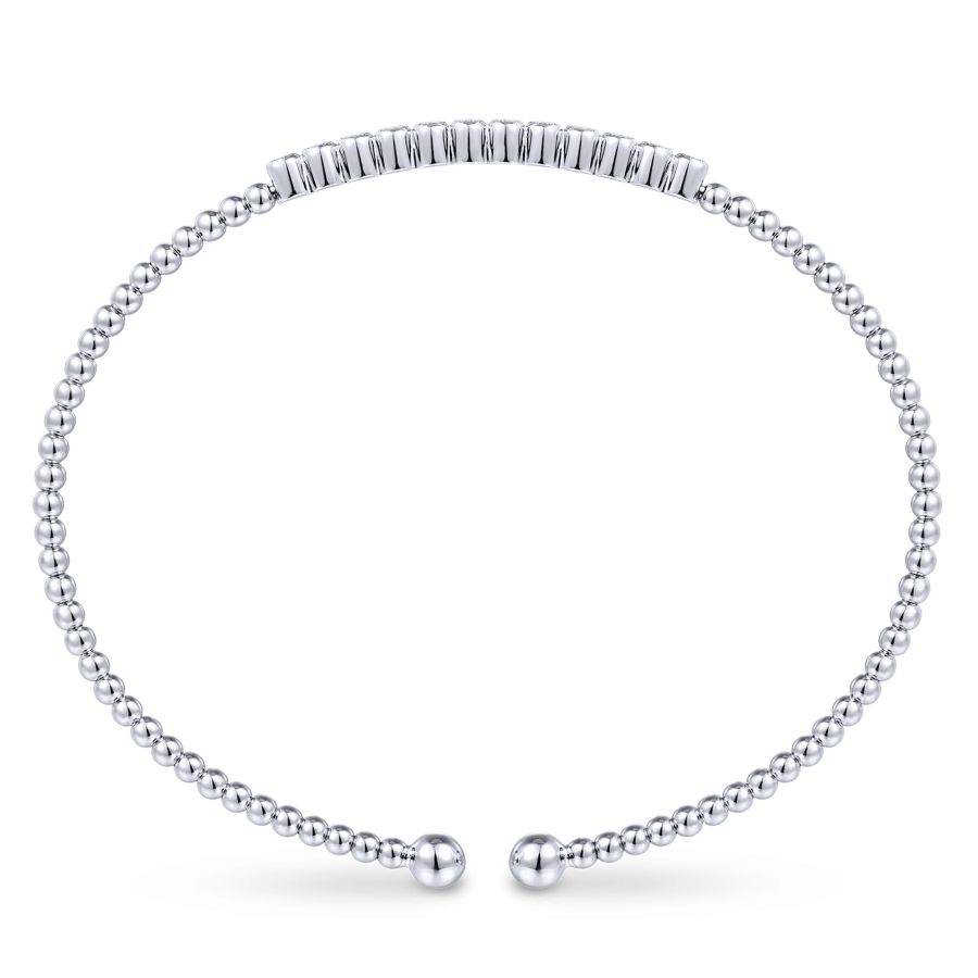 14K White Gold Bujukan Bead Cuff Bracelet with Bezel Set Diamond Stations