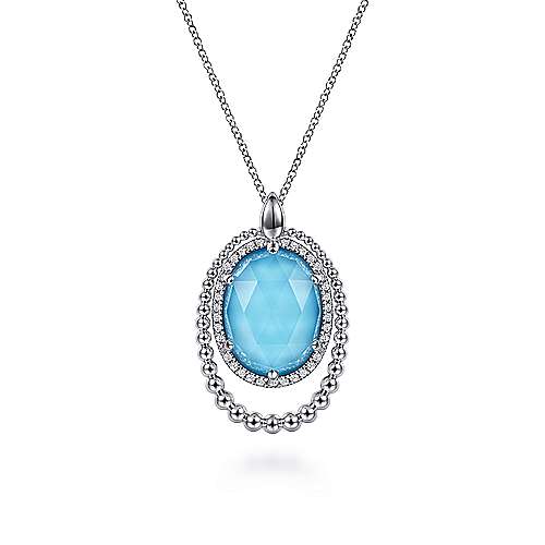 STERLING SILVER WHITE SAPPHIRE AND ROCK CRYSTAL AND TURQUOISE PENDANT NECKLACE