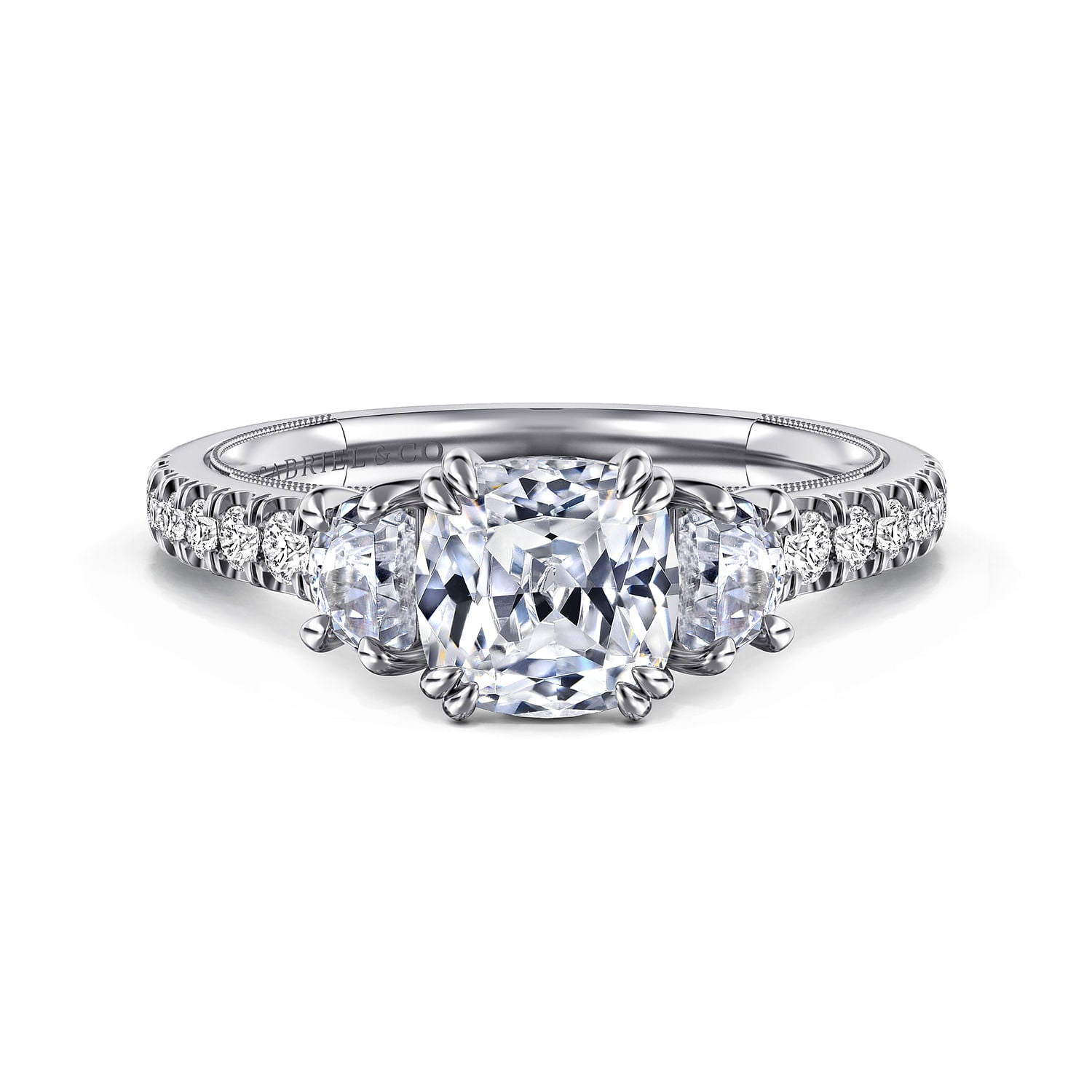 14K WHITE GOLD CUSHION CUT THREE STONE DIAMOND ENGAGEMENT RING