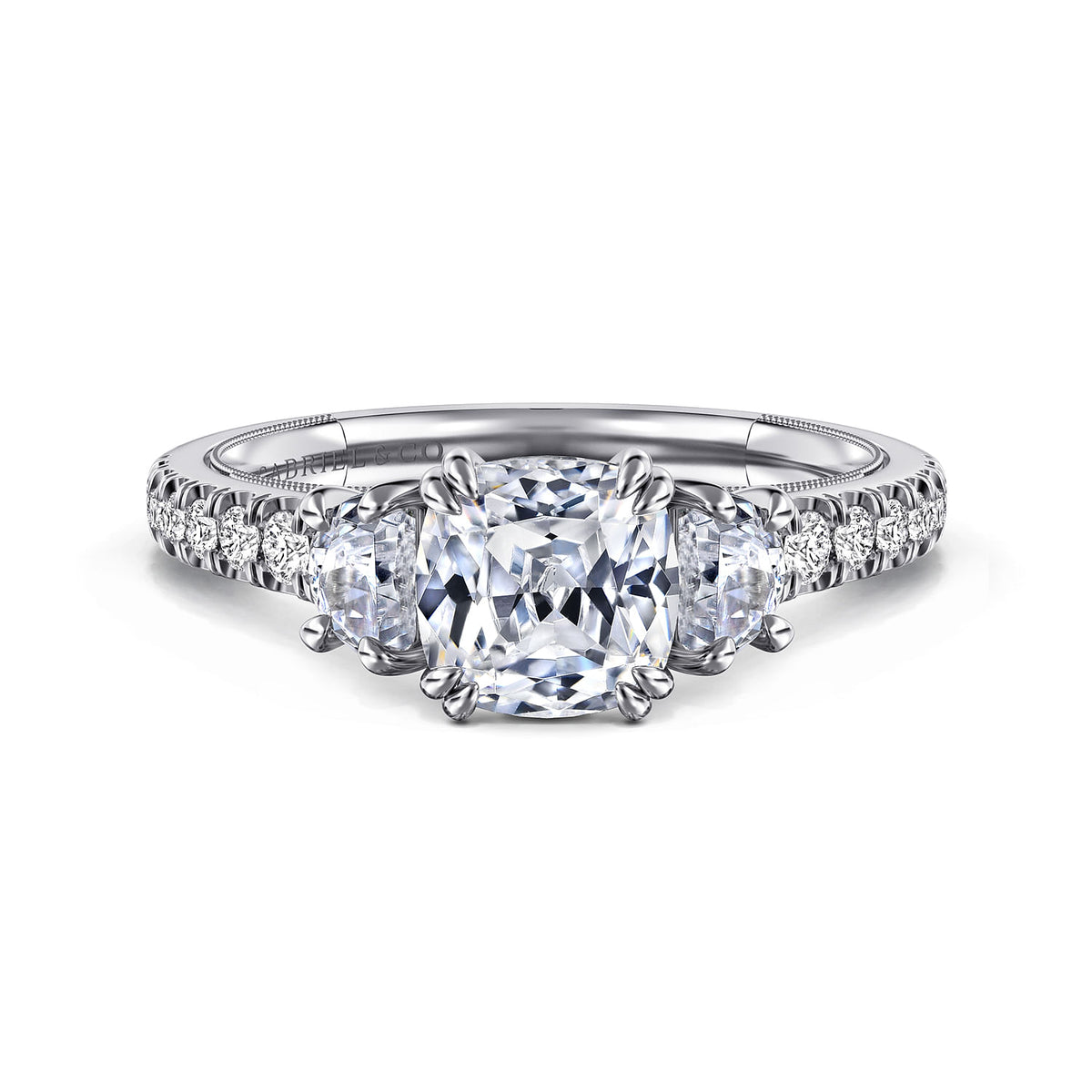 14K WHITE GOLD CUSHION CUT THREE STONE DIAMOND ENGAGEMENT RING