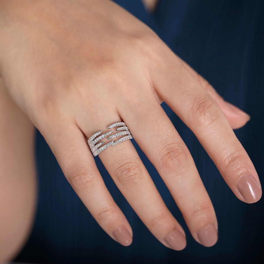 14K White Gold Open Wide Band Pave Diamond Ring