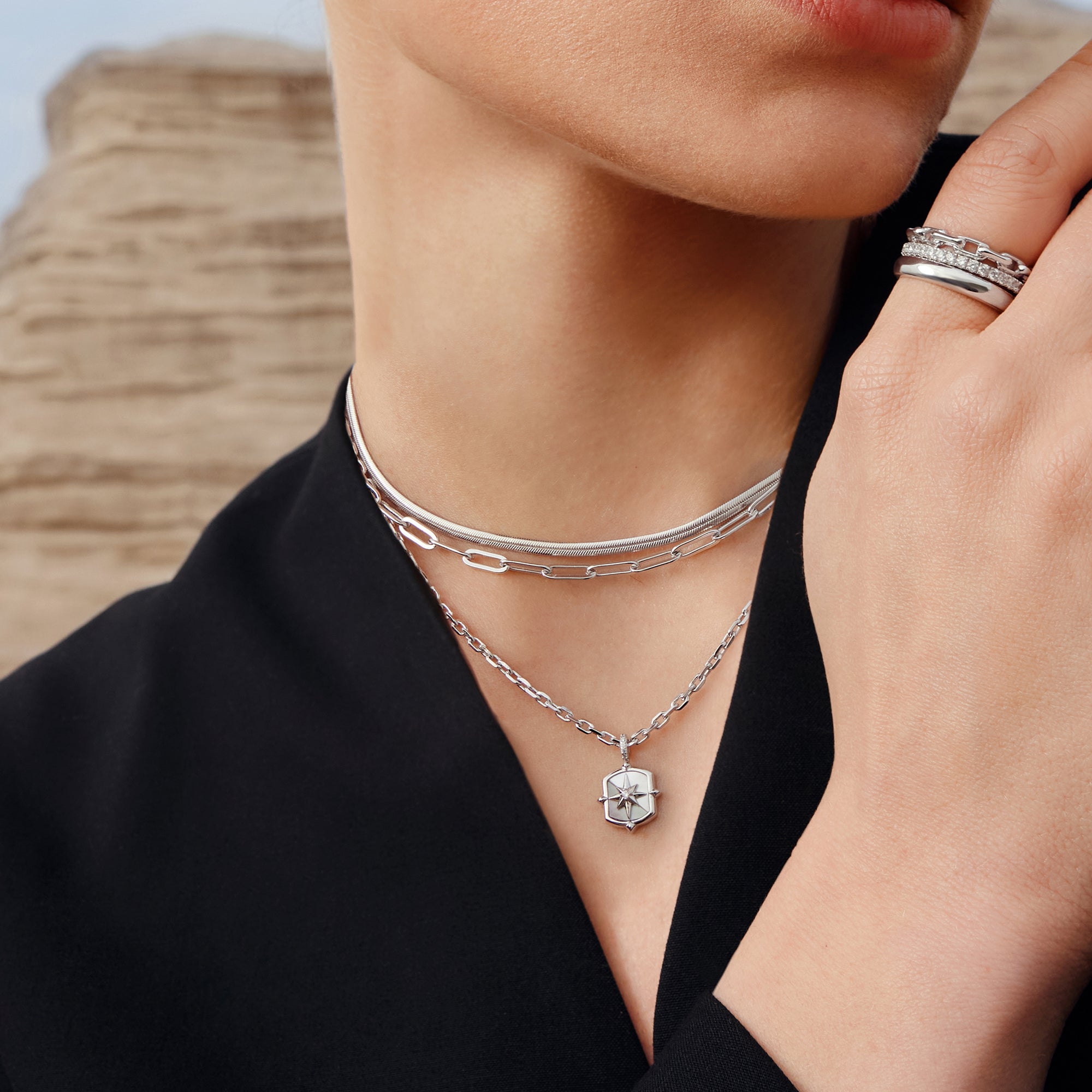 SILVER COLOUR-BLOCKMOTHER OF PEARL STAR NECKLACE