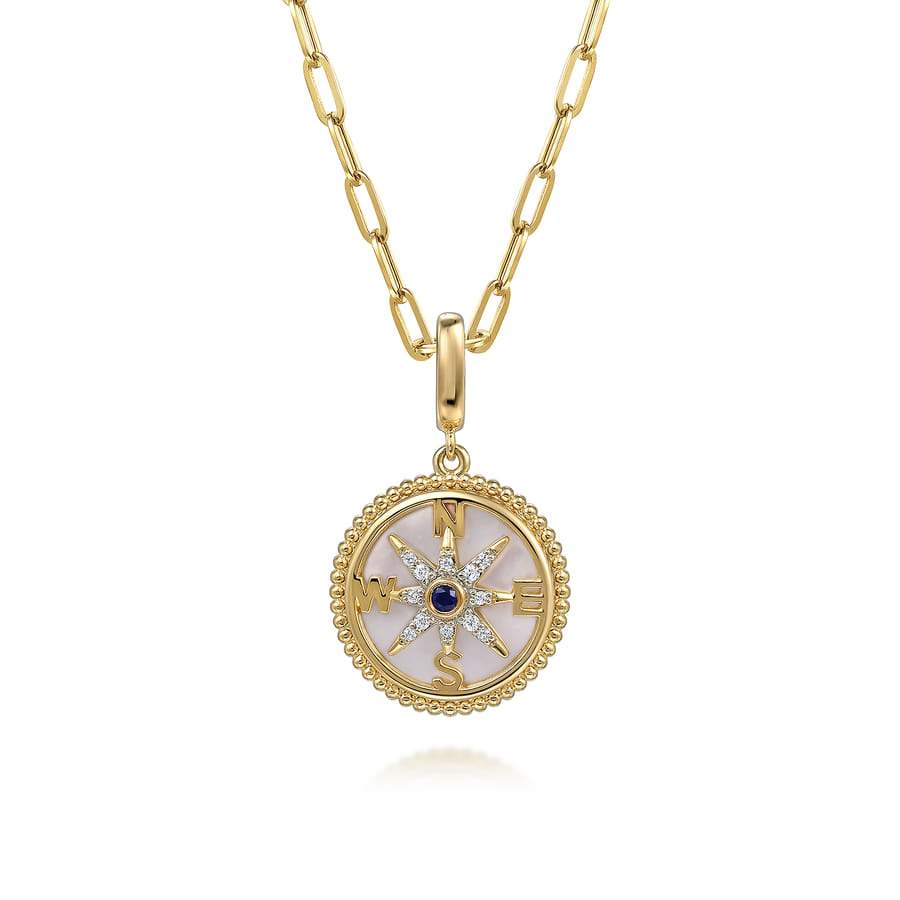 14 KARAT YELLOW GOLD 18MM BUJUKAN DIAMOND COMPASS AND MOTHER OF PEARL MEDALLION PENDANT WITH DETACHABLE BAIL