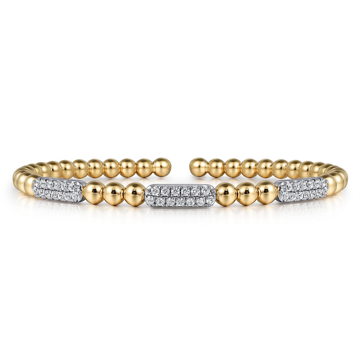 14 KARAT WHITE AND YELLOW GOLD DIAMOND PAVE THREE STATION BAR BUJUKAN BEADS BANGLE