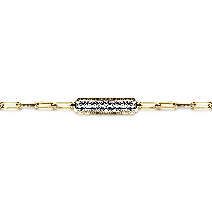 14 KARAT YELLOW GOLD HOLLOW PAPERCLIP CHAIN DIAMOND PAVE ID BRACELET