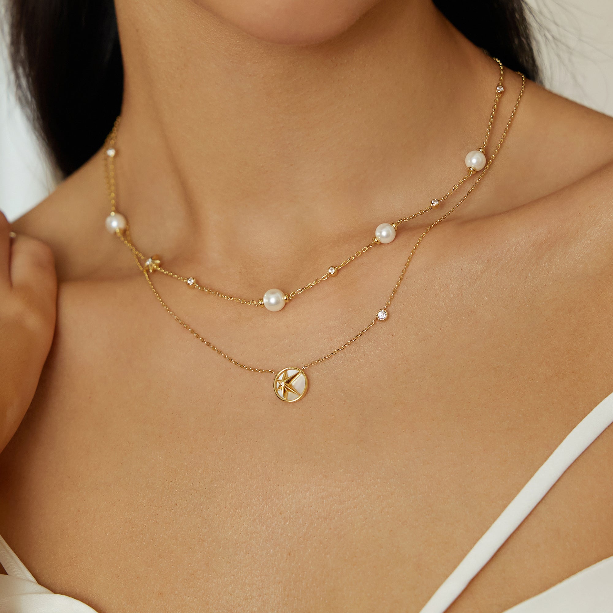GOLD PEARL AND STAR STATION NECKLACE