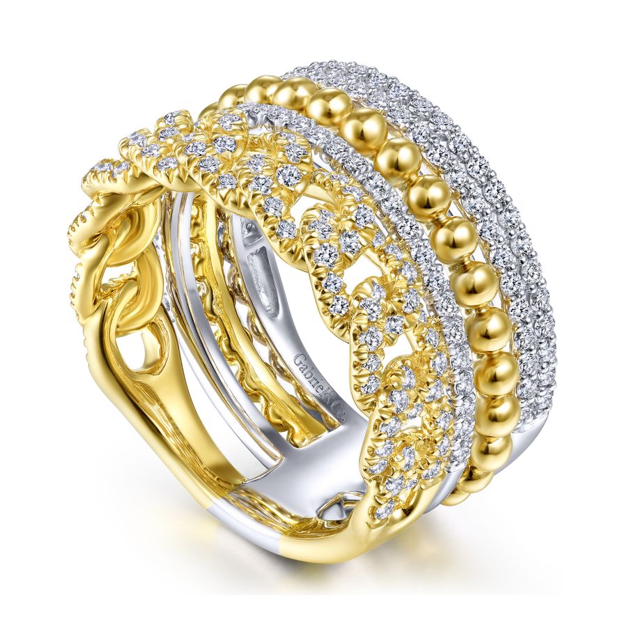 14K White-Yellow Gold Wide Band Layered Diamond Easy-Stackable in size 11.4mm width